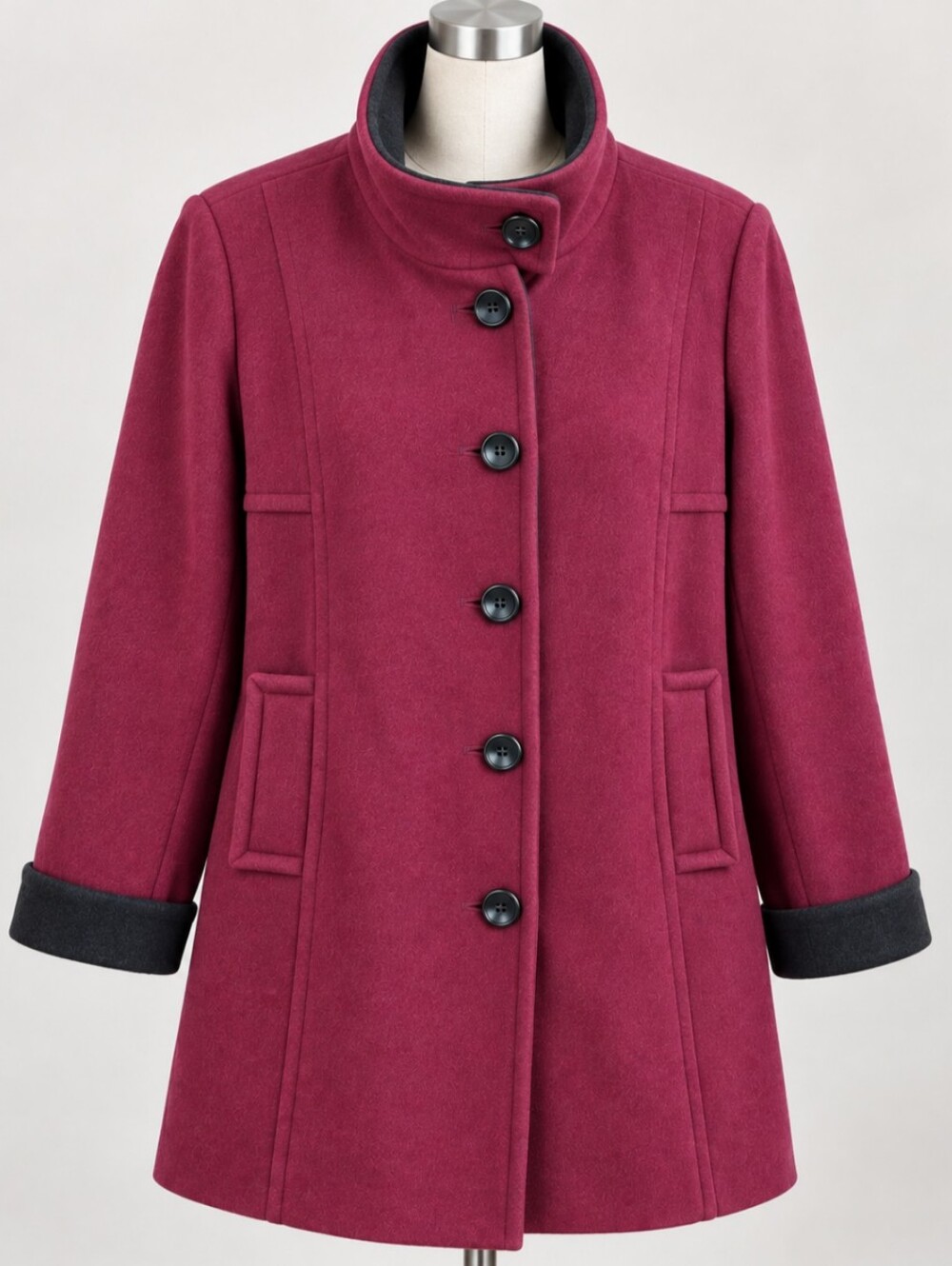 Women's Burgundy Wool-Blend Button Coat